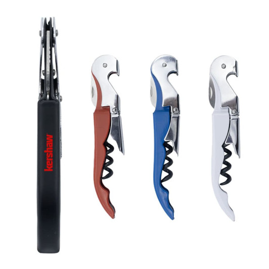 A drink bottle opener set featuring four tools in black, brown, blue, and white, with metal accents and a logo.