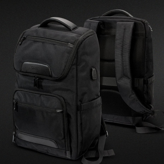 A black laptop backpack with multiple compartments and a padded back panel. It features a logo and adjustable straps.