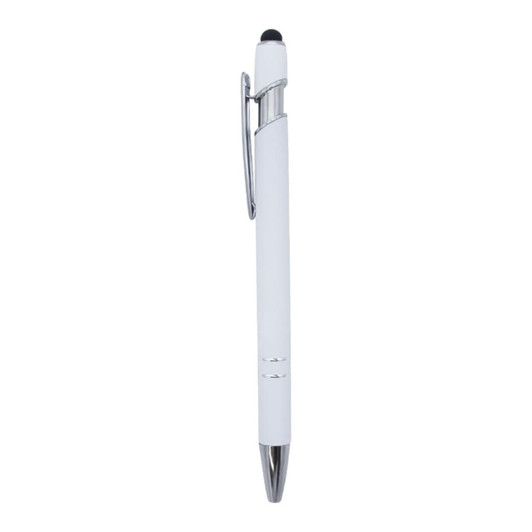 A white metal pen with a chrome clip and tip, featuring a stylus at the end. It has a branding logo.