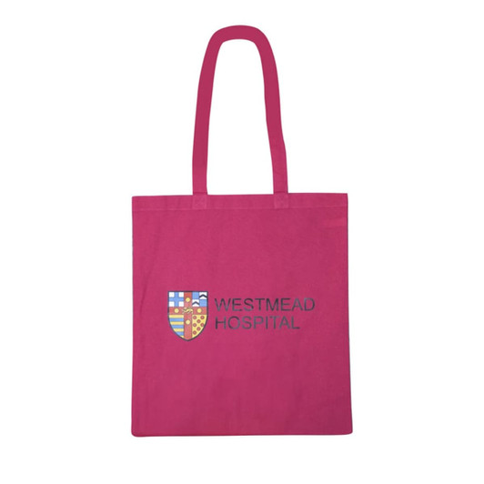 A vibrant pink cotton tote bag with long handles and a logo on the front.