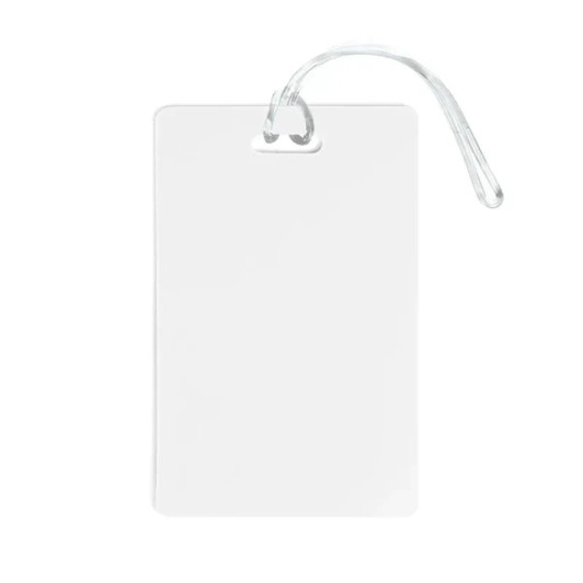 A clear, rectangular luggage tag with a loop attachment, featuring a blank surface for custom imprints.