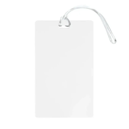 A clear large luggage tag with a translucent strap, featuring a space for personal information.
