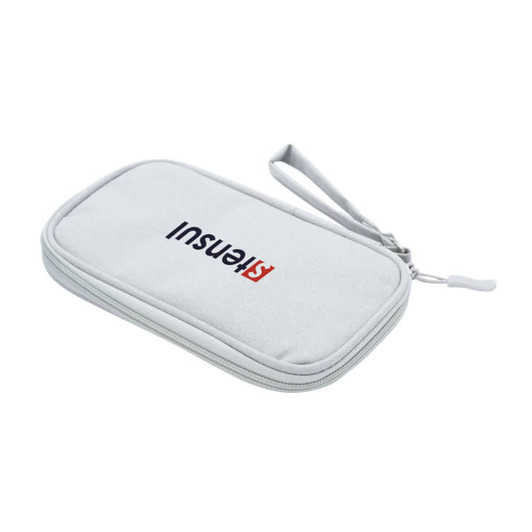 A grey carrying case with a zipper and a handle, featuring a logo on the front.