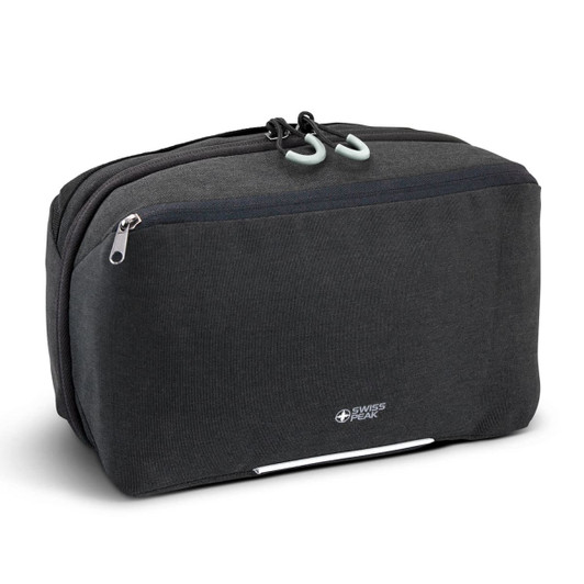 A dark grey toiletry bag with dual zippers and a branding logo, featuring a sleek and compact design.