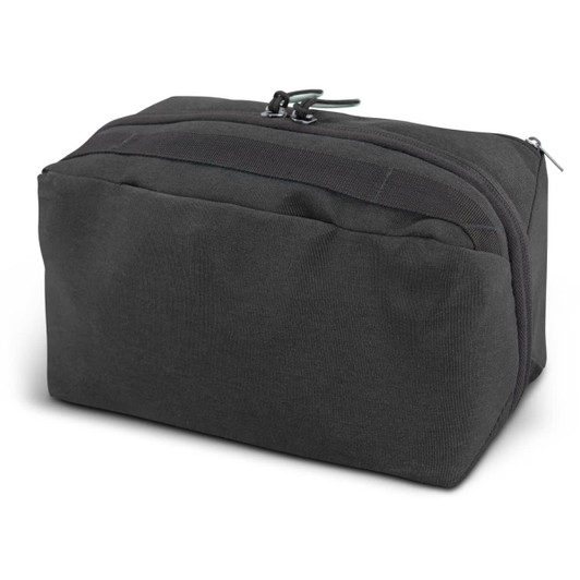 A black toiletry bag with a rectangular shape, featuring a zip closure and a textured surface. Includes a logo.