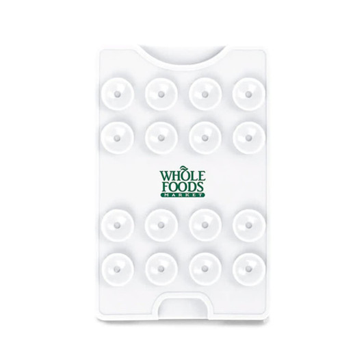 A white suction phone wallet featuring multiple suction cups and a logo.