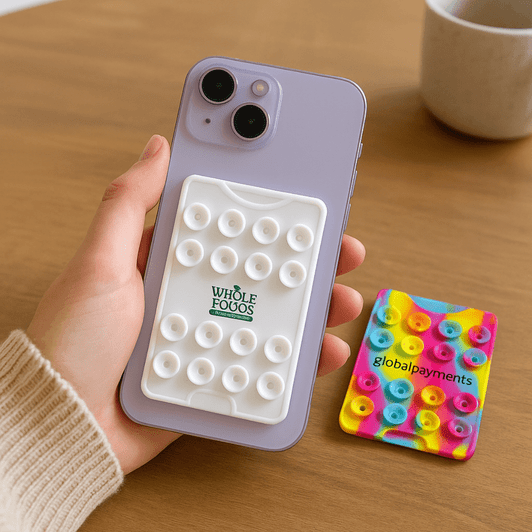 A purple phone held in hand with a white suction phone wallet on the back and two colourful cards beside it.