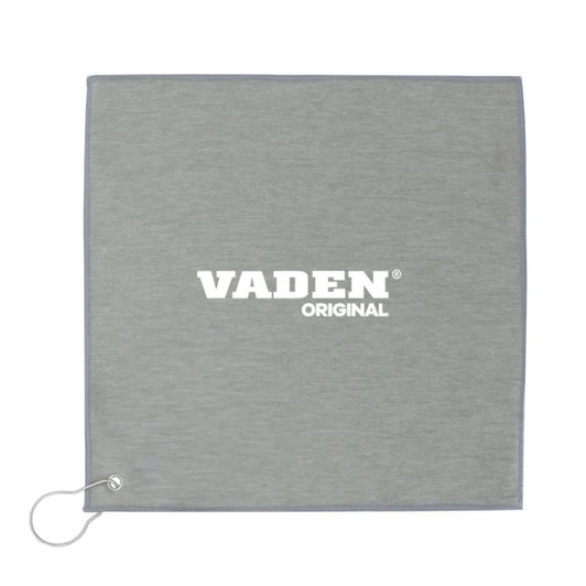 A grey golf towel with a loop for attachment, featuring a logo in the centre.