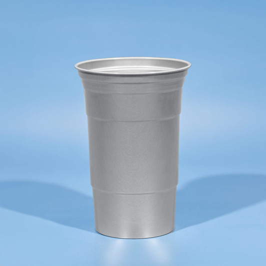 A drink bottle featuring a silver recycled aluminum design, with a sturdy stadium-style shape and a logo.