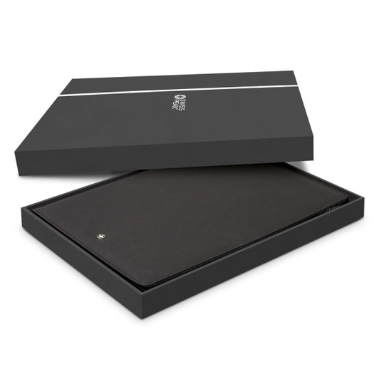 A black A4 portfolio with a zipper, presented in an elegant black box, featuring a logo on the front.