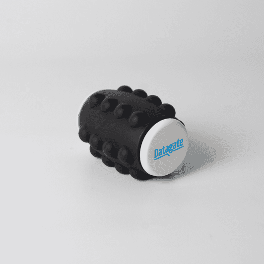 A black Whirl Popper Spinner featuring a white top with a logo, designed as a novelty item for fun and games.