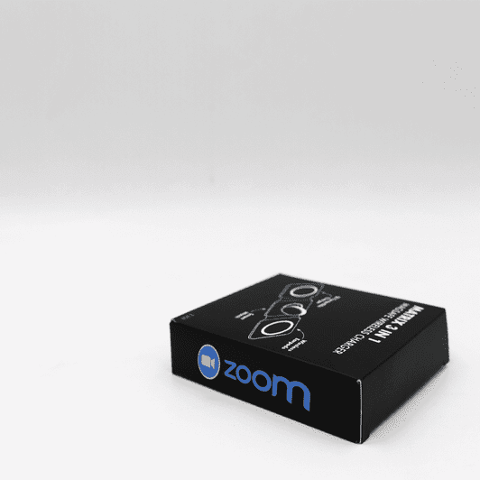 A black box for a product with a logo, featuring an illustration of a wireless charging device.