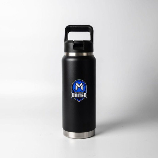 A drink bottle in matte black with a silver base and a prominent logo on the front.