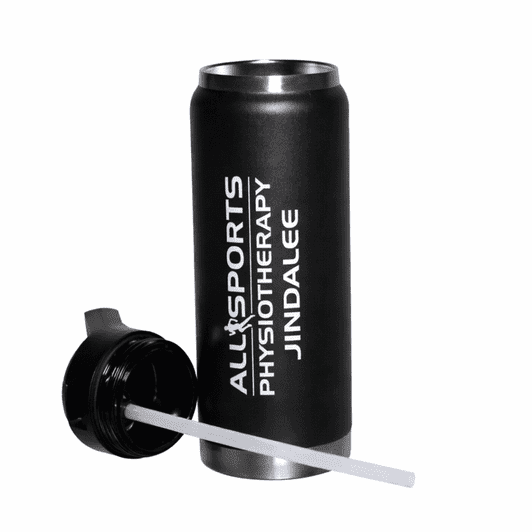 A drink bottle in black with a removable lid and straw, featuring a logo on its surface.