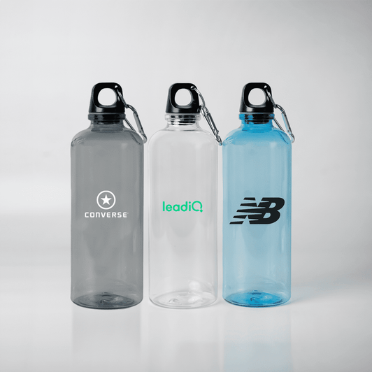 A drink bottle trio featuring grey, clear, and blue options, each with a carabiner and logos.