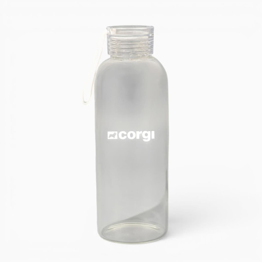 A drink bottle made of clear borosilicate glass with a screw-on lid and a logo.