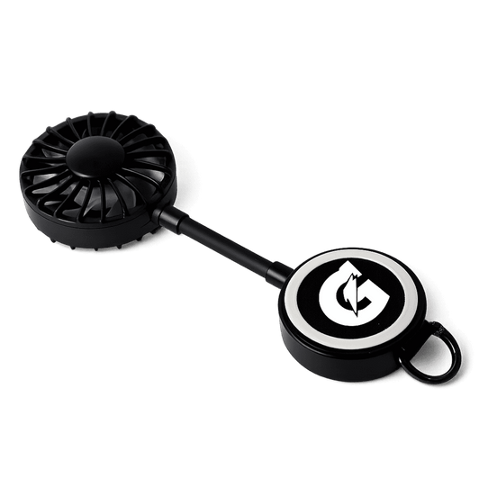 A black rechargeable fan with a round base featuring a logo. It has a compact design for easy portability.