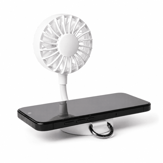 A white rechargeable fan attached to a phone stand, displaying a black smartphone. The fan features a flexible neck.