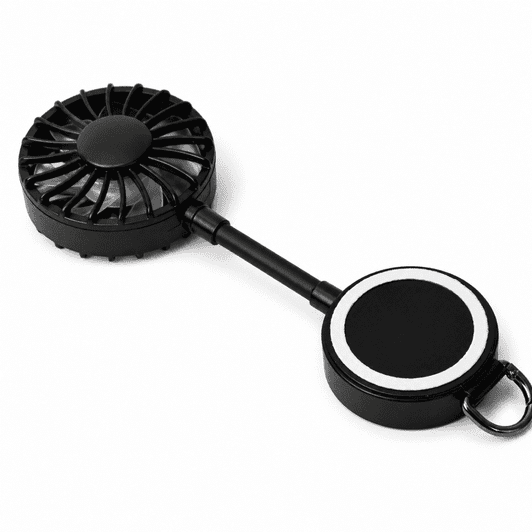 A black rechargeable fan with a magnetic base and a pull-out design. It features a circular fan and a detachable stand.