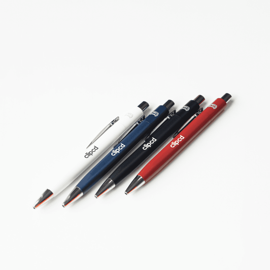 A collection of metal pens in red, white, navy, and black, featuring a logo on each pen.