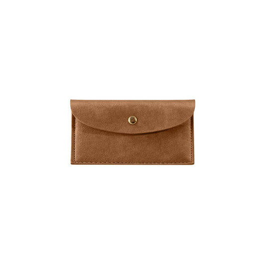 A PU leather glasses pouch in a light brown shade with a snap closure and a branding logo.