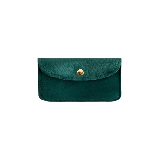 A velvet glasses pouch in dark green with a gold snap closure and a smooth texture.
