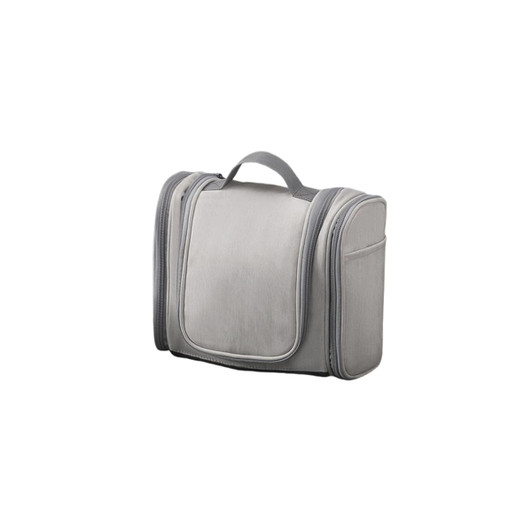 A grey travel storage bag with multiple compartments and zippers, featuring a sturdy handle on top.