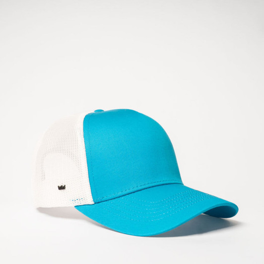 A turquoise and white 5 panel trucker cap with a mesh back and a small logo on the side.