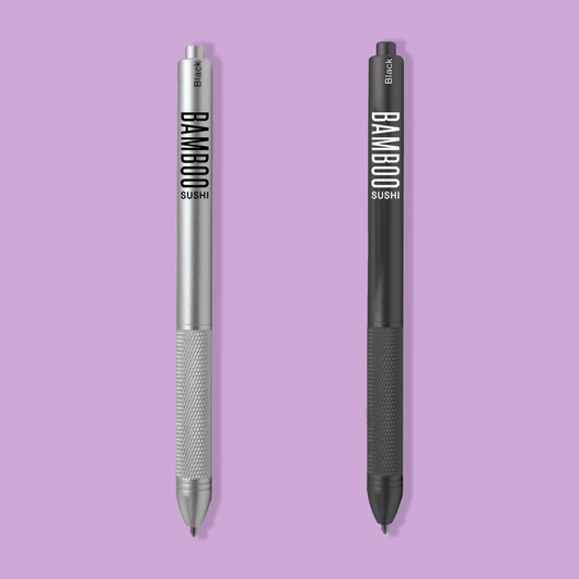 A metal pen set featuring a silver and a black pen, both with a logo and a textured grip.
