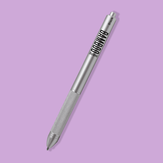 A silver metal pen with a textured grip and branding on its body.