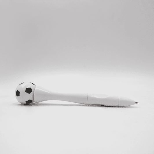 A white pen with a black and white soccer ball-shaped top and a logo on the body.
