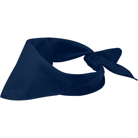 A navy blue bandana made of fabric, featuring a triangular shape and a tied knot. It has a branding logo.