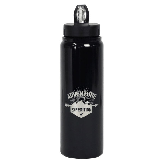A drink bottle in matte black with a screw-top lid and a logo, featuring a design related to adventure and expeditions.