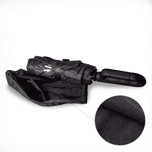 A black foldable umbrella with a handle, featuring a compact design and a smooth surface texture.