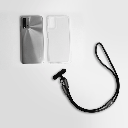 A grey smartphone, a clear phone case, and a black data and charging lanyard are displayed together.