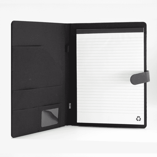 A black RPET portfolio featuring a notepad, card slots, and a recycled symbol on the bottom corner.