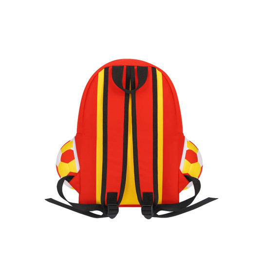 A foldable gym bag in red with yellow stripes and football-shaped side pockets. It features adjustable black straps.