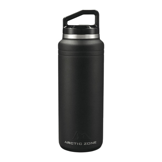A black insulated drink bottle with a silver accent and a handle, featuring a logo on the front.