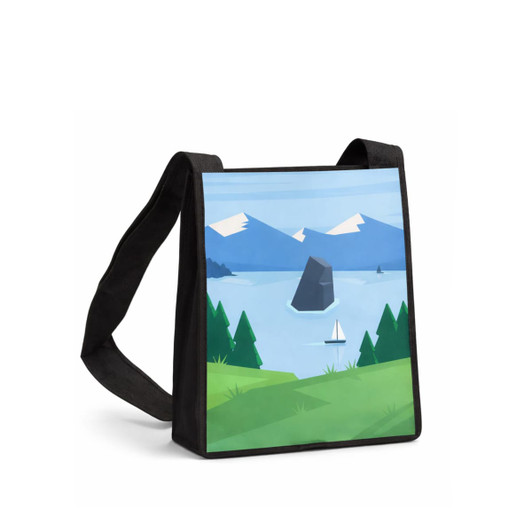 A black crossbody bag featuring a scenic illustration of mountains, water, and trees. It has a logo on the front.