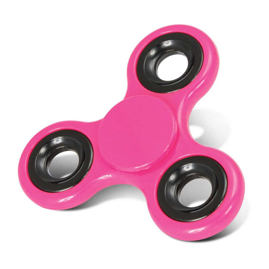 A fidget spinner in vibrant pink with black accents and three arms for spinning.