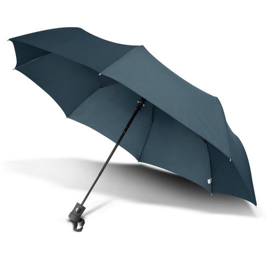 A tri-fold umbrella in navy blue, featuring a sturdy black handle and a ventilation opening at the top.