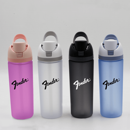 A drink bottle collection featuring four colours: pink, white, black, and blue, each with a logo.