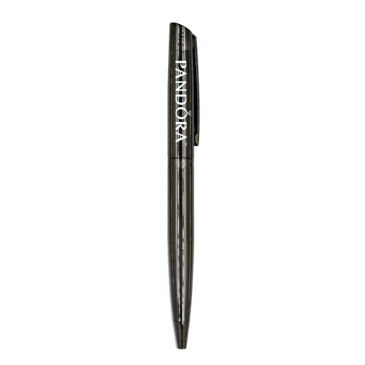 A metallic black ballpoint pen with a clip and a logo, featuring a sleek and elegant design.