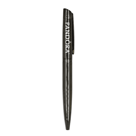 A metallic black ballpoint pen with a clip and a logo, featuring a sleek and elegant design.