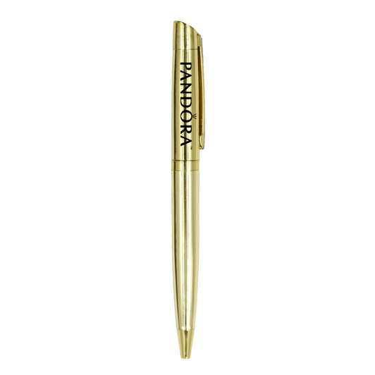 A gold metal ball pen with a clip and a logo on the body.