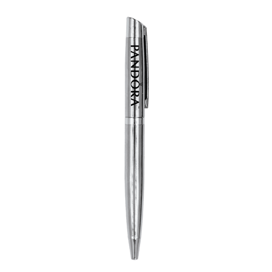 A silver metal ball pen with a clip and a logo on the side. The pen has a sleek and polished design.