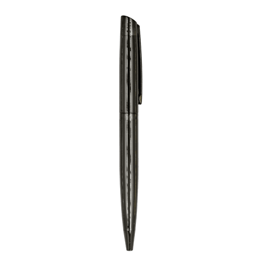 A sleek black metal ball pen with a smooth finish and a clip for easy attachment. It features a minimalist design.