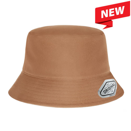 A brown bucket hat with a branded logo label on the side and a rounded crown.