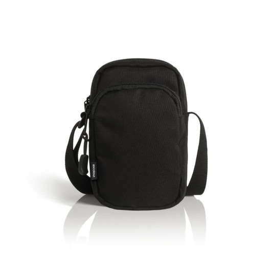 A black recycled camera bag with a zippered front pocket and an adjustable shoulder strap. It features a logo.