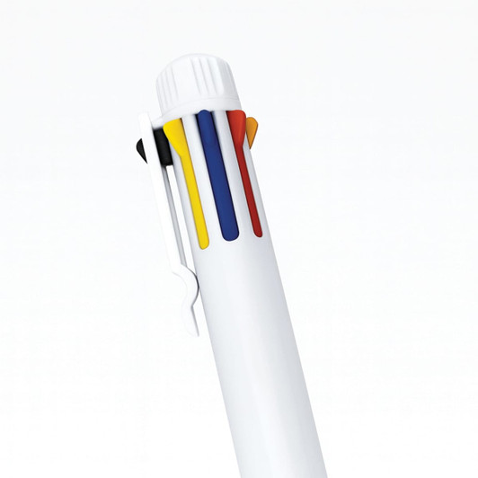 A white pen with a clip, featuring four coloured ink refills in red, blue, yellow, and black.
